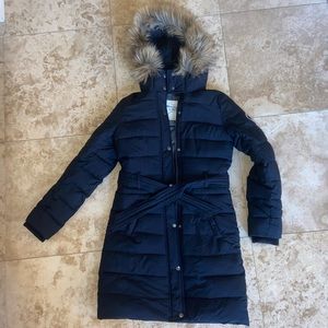Abercrombie & Fitch Fleece Lined Long Puffer Coat w/ Detachable Fur Hood & Belt